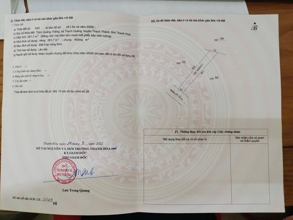 Đất thổ cư Thạch Quảng, Thạch Thành 288m² giá đầu tư - Đường rộng 10m