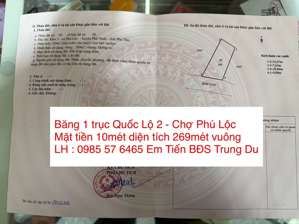 Đất mặt tiền Quốc lộ 2, Phú Lộc, Phù Ninh 269m² giá 4 tỷ - Đầu tư sinh lời tuyệt vời!