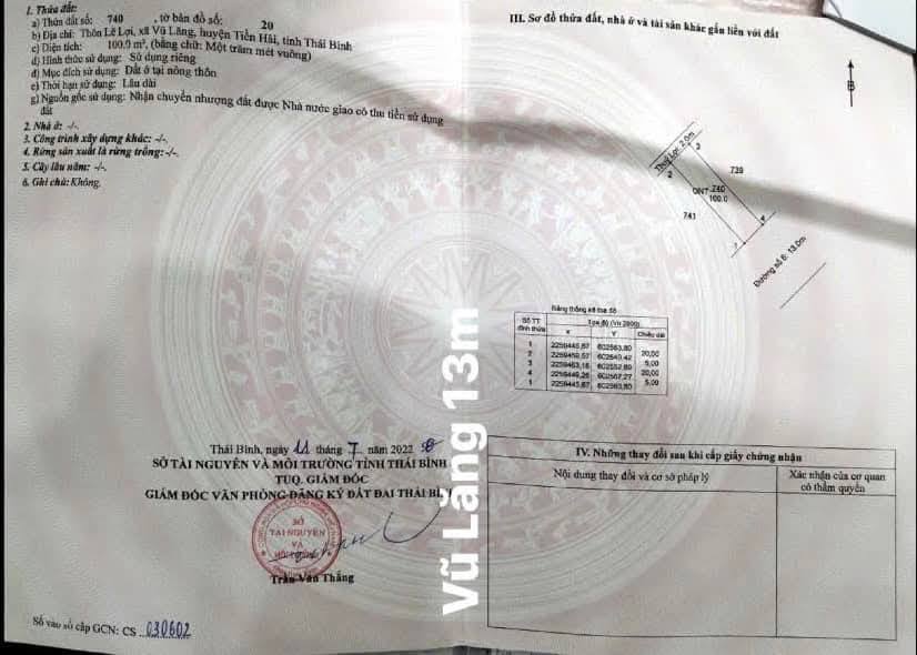 Đất nền Vũ Lăng - Tiền Hải 100m² giá 1 tỷ - Đầu tư sinh lời ngay!