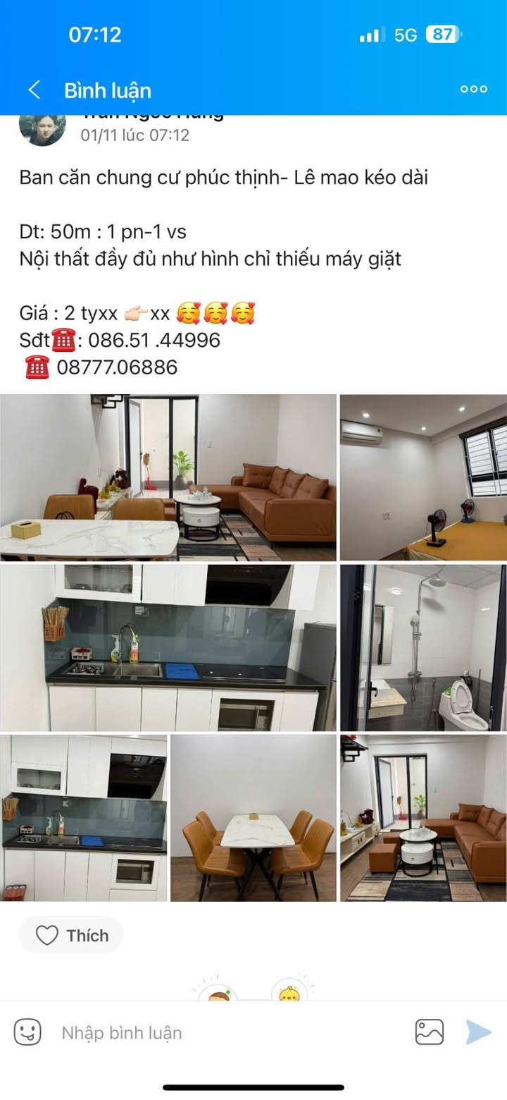 Căn hộ chung cư Phúc Thịnh Vinh 50m² giá 2.2 tỷ - Nội thất đầy đủ, sẵn sàng vào ở!