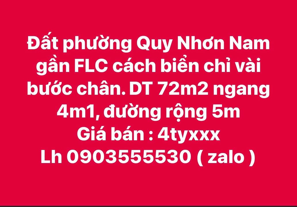 Đất nền phường Quy Nhơn Nam 72m² giá 4 tỷ - Gần biển FLC chỉ vài bước chân!