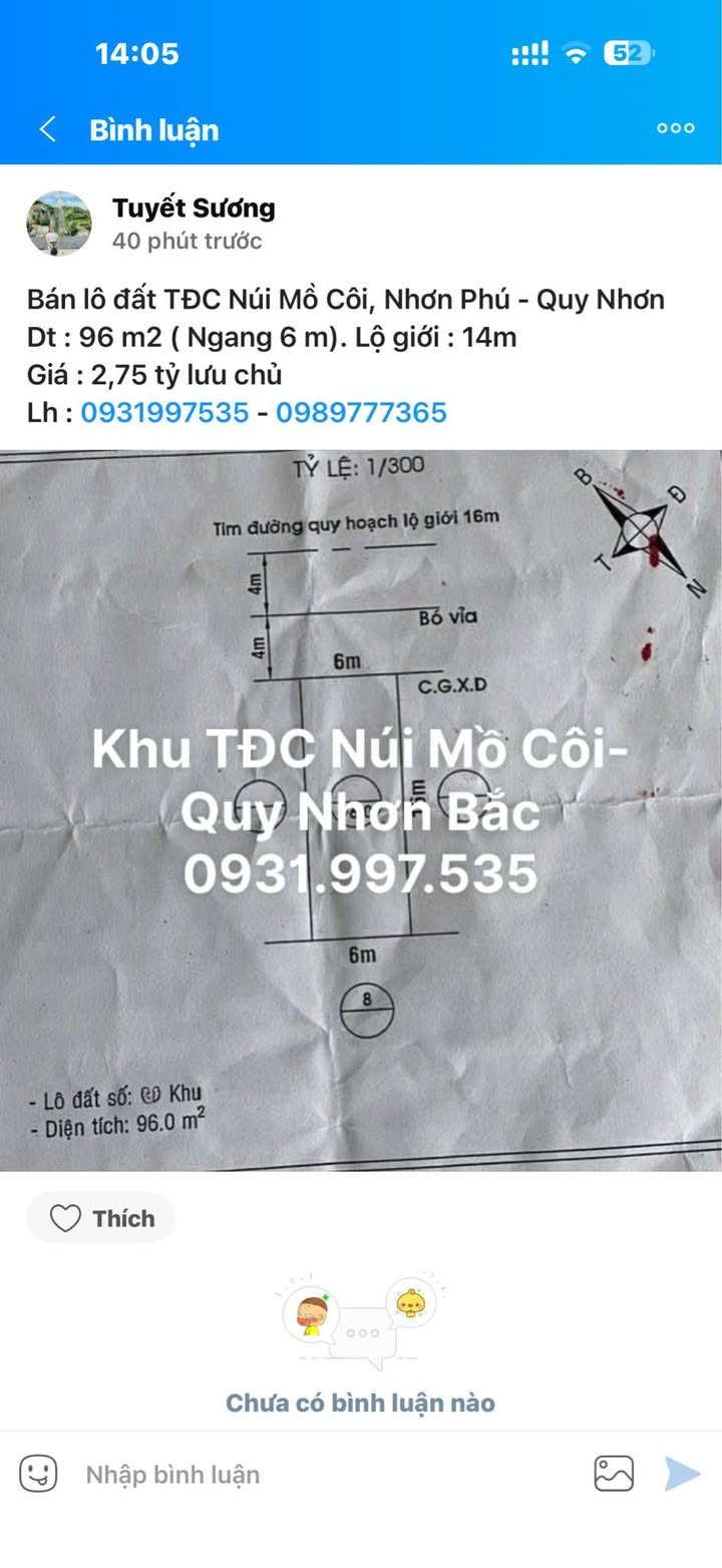 Đất nền TĐC Núi Mồ Côi, Nhơn Phú, Quy Nhơn 96m² giá 2.75 tỷ - Cơ hội đầu tư hấp dẫn!