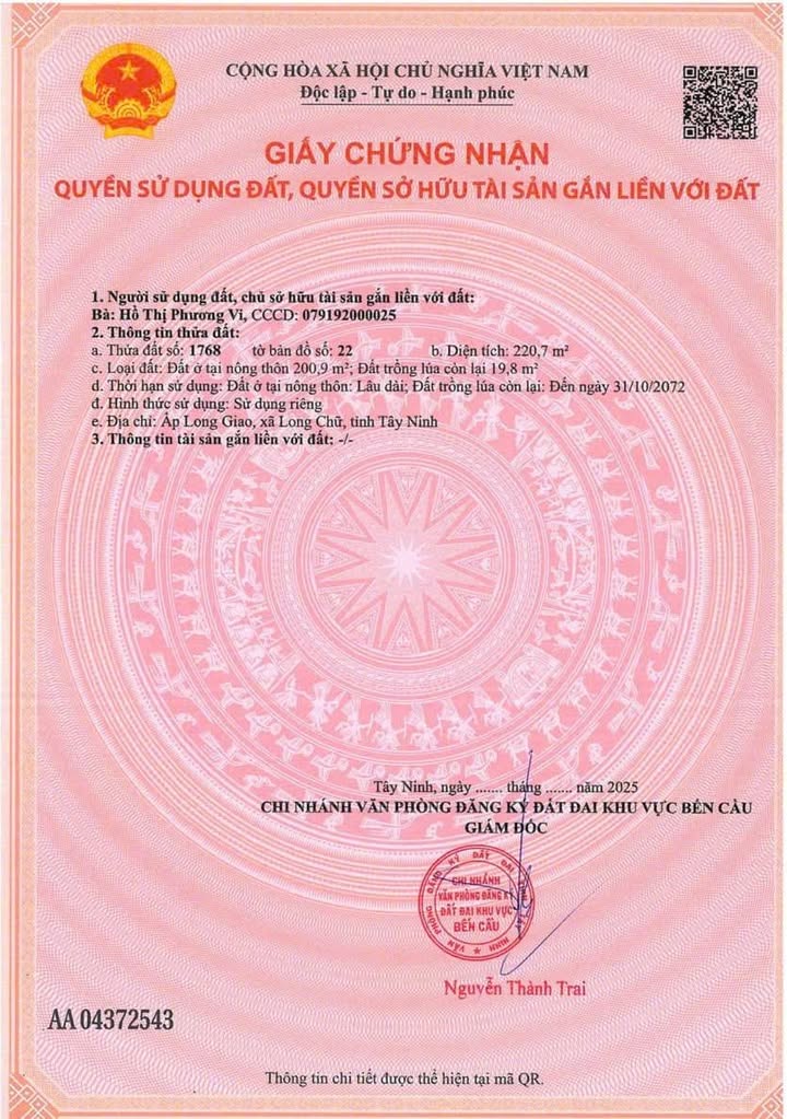 Đất nền Ấp Long Giao, Xã Long Chữ, Bến Cầu 220m² giá 289 triệu - Pháp lý rõ ràng, sổ đỏ chính chủ!