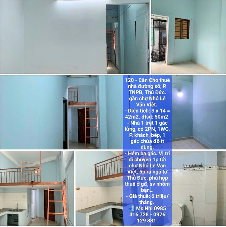 Nhà cho thuê hẻm ba gác, Tân Phú, Thủ Đức 42m² - Giá 6 triệu/tháng