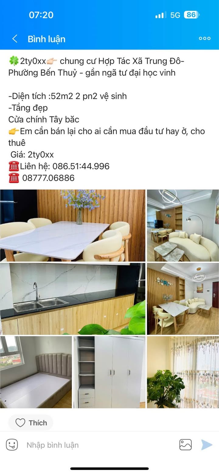 Chung cư Hợp Tác Xã Trung Đô Vinh 52m² giá 2 tỷ - Tầng đẹp, đầu tư sinh lời