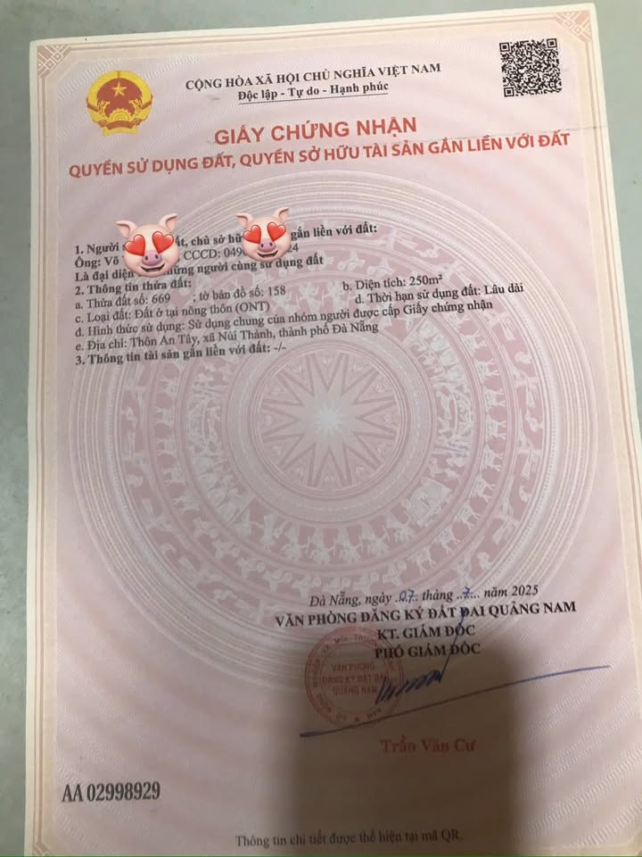 Đất ở chính chủ thôn An Tây, Tam Quang, Núi Thành 250m² giá 1.4 tỷ - Đất đẹp, vuông vắn!