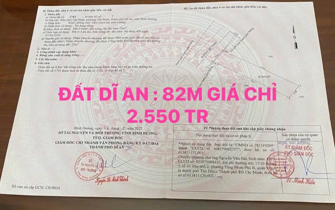 Đất nền Tân Đông Hiệp, Dĩ An 82m² giá 2.55 tỷ - Xây dựng tự do, pháp lý rõ ràng!
