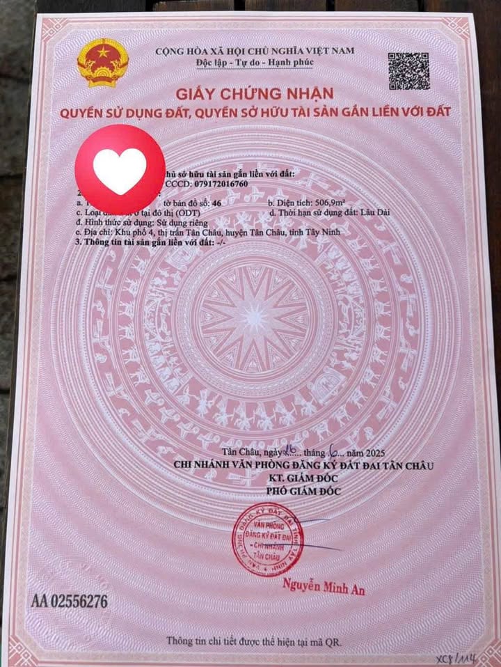 Đất thổ cư chính chủ 507m² Tân Châu, Tây Ninh - Giá chỉ 5.9 tỷ