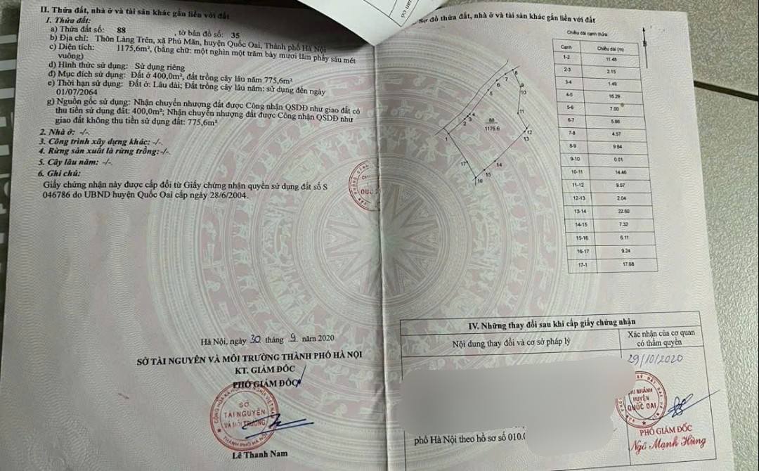 Đất ở Phú Mãn, Quốc Oai 1175m² giá 10.53 tỷ - Cơ hội đầu tư tuyệt vời!