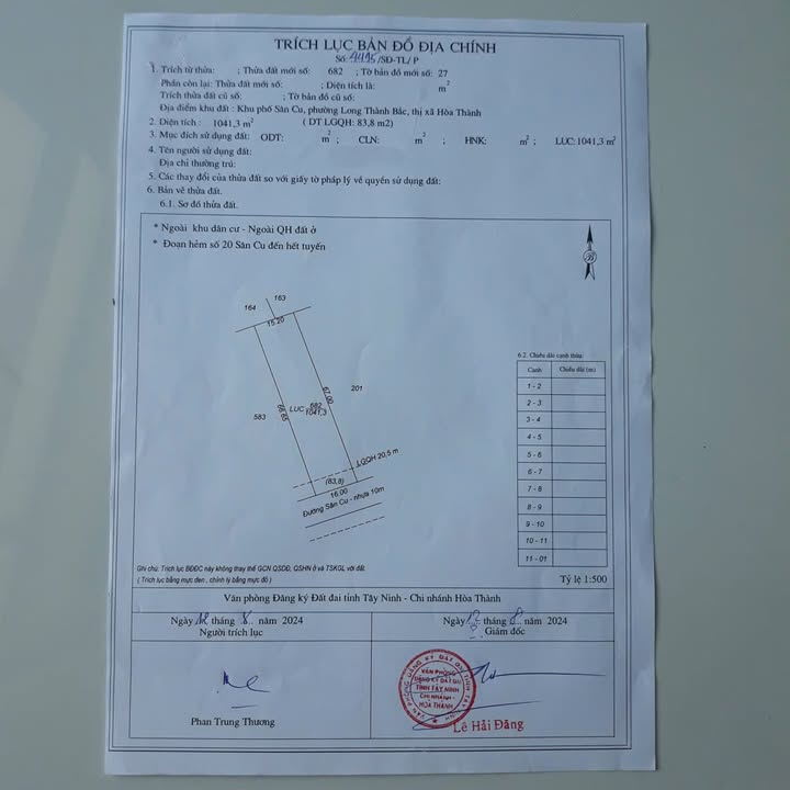 Đất nền 1041.3m² tại Đường Sân Cu, Hòa Thành, Tây Ninh - Giá chỉ 3.8 tỷ VND!