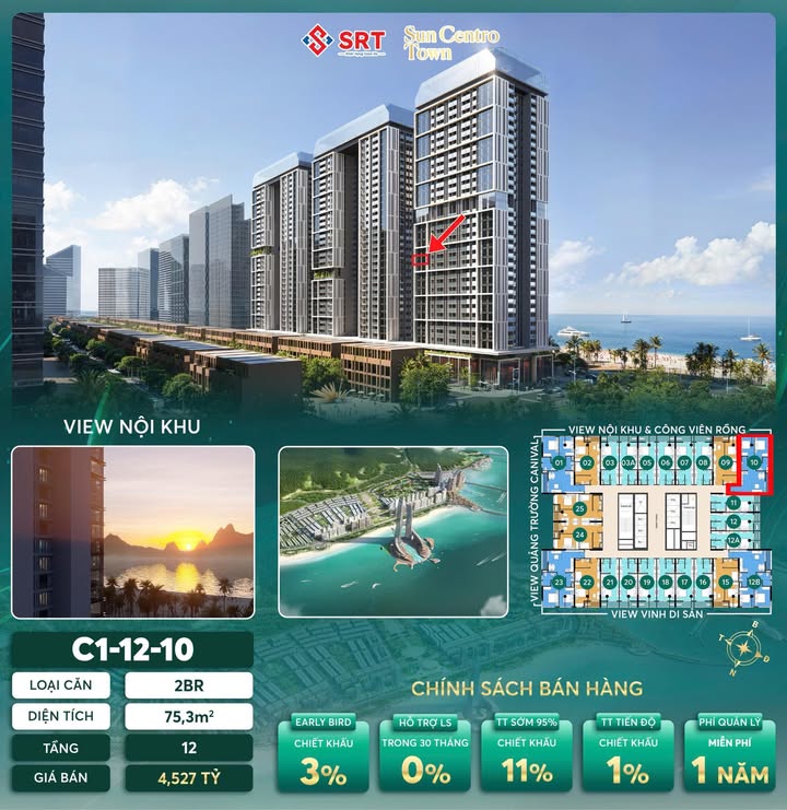 Căn hộ 2PN Sun Centro Town Bãi Cháy 75m² giá 4.527 tỷ - Tầm nhìn nội khu tuyệt đẹp!