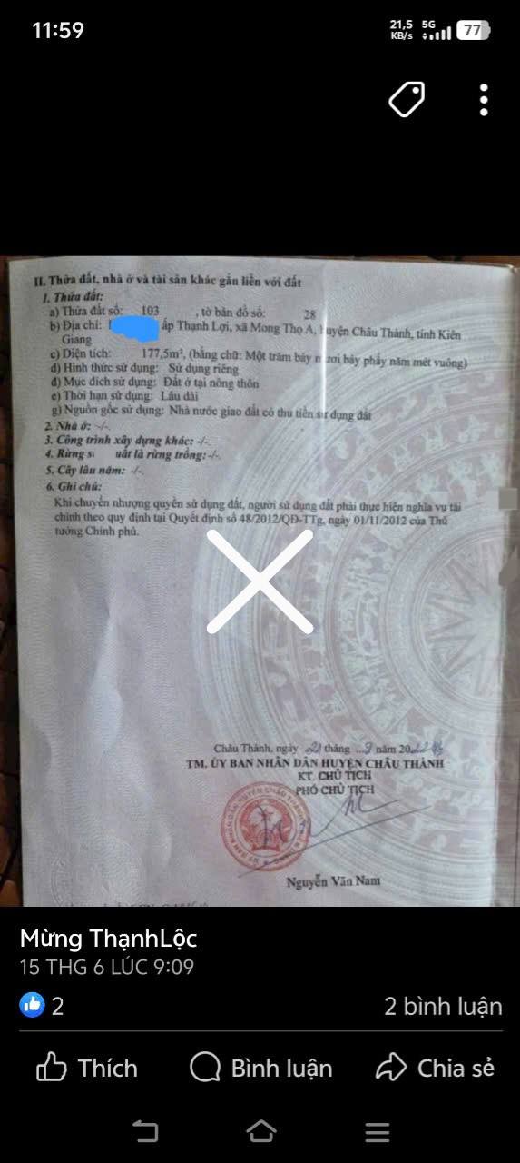 Nhà cấp 4 Thạnh Lợi, Châu Thành, Kiên Giang 178m² - Giá 800 triệu, Tiềm năng cho thuê hoặc xây mới!