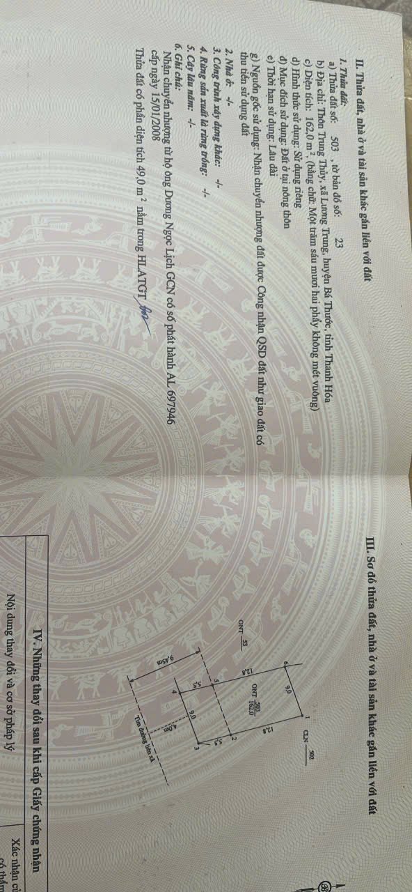 Đất thổ cư xã Trung Thủy huyện Bá Thước 162m² - Giá tốt, vị trí đẹp!