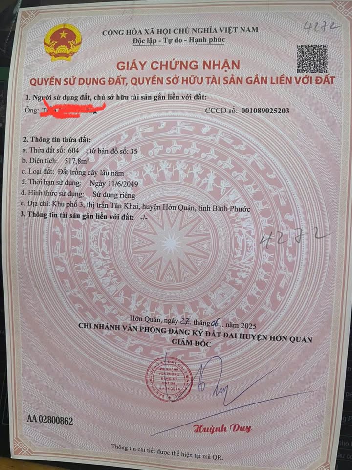 Đất nền Tân Khai, Hớn Quản 520m² giá 350 triệu - Cơ hội đầu tư tuyệt vời!