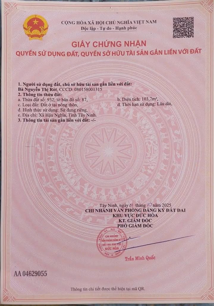 Đất nền Hậu Nghĩa, Đức Hòa, Long An 105m² giá chỉ 550 triệu - Sổ hồng riêng, đầu tư lý tưởng!