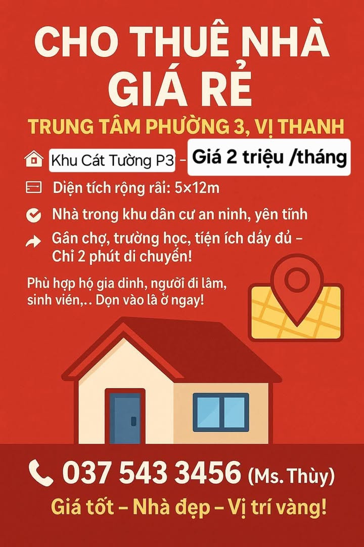 Nhà cho thuê tại khu Cát Tường, Vị Thanh - Diện tích 60m² giá chỉ 2 triệu/tháng!