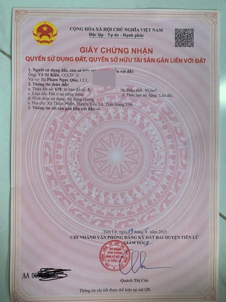 Đất nền xã Thiện Phiến, huyện Tiên Lữ, Hưng Yên 95m² - Đường ô tô tránh nhau!