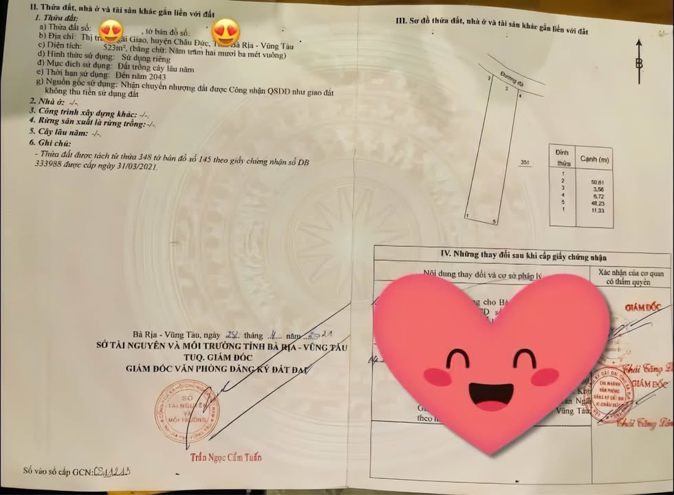 Bán đất chính chủ tại xã Ngãi Giao, Bà Rịa - Vũng Tàu 523.3m² - Đầu tư sinh lời ngay!