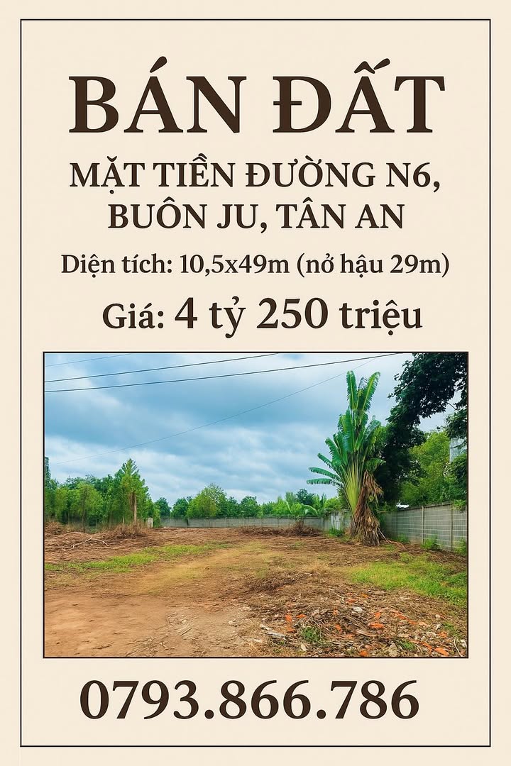 Đất mặt tiền đường N6, Tân An 514m² giá 4.25 tỷ - Cơ hội đầu tư tuyệt vời!