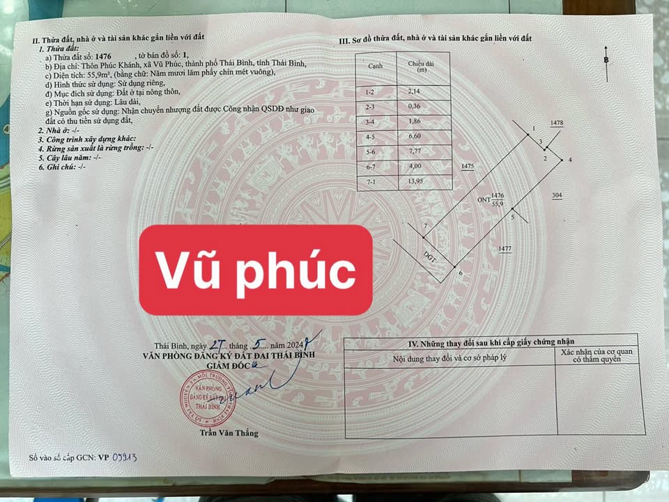 Đất thổ cư Vũ Phúc Thái Bình 56m² giá 1.x tỷ - Cơ hội đầu tư hấp dẫn!