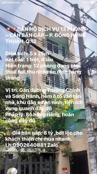 Căn hộ dịch vụ 13 phòng Đông Hưng Thuận 125m² giá 8 tỷ - Đầu tư sinh lời ngay!