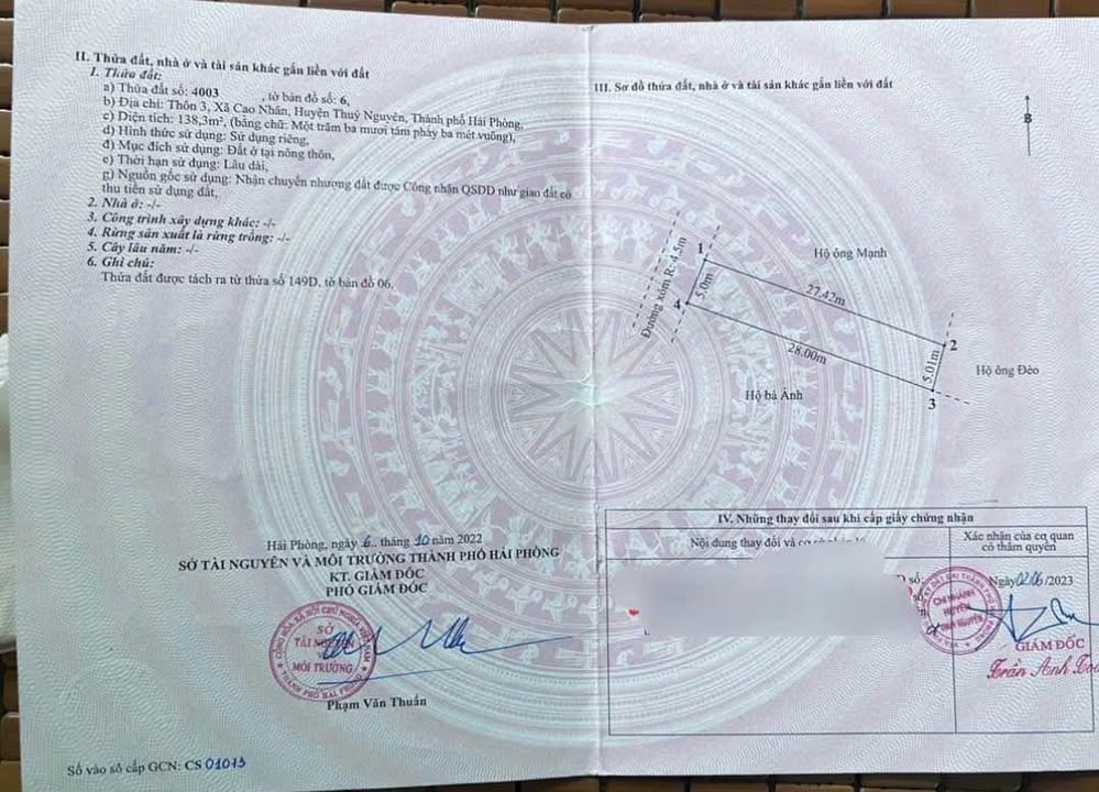 Lô đất thôn 3 Cao Nhân 138m² giá 1 tỷ - Đường thông ô tô vào tận nơi!