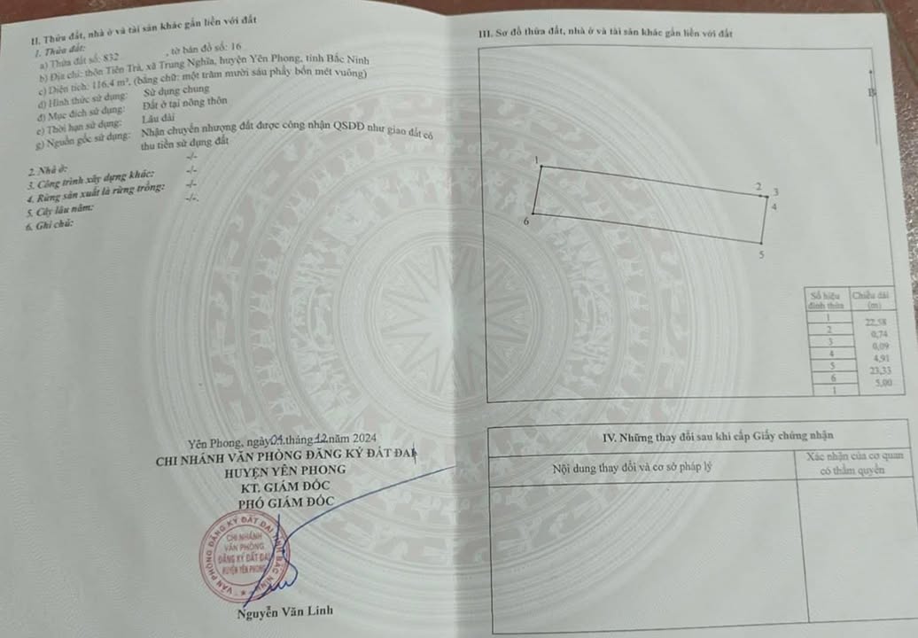 Đất thổ cư Tiên Trà Yên Phong 116m² giá 1 tỷ - Đầu tư sinh lời ngay!