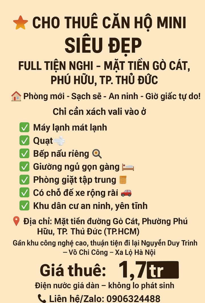 Cho thuê căn hộ mini mặt tiền Gò Cát, Phú Hữu - Chỉ 1.7 triệu/tháng, vào ở ngay!