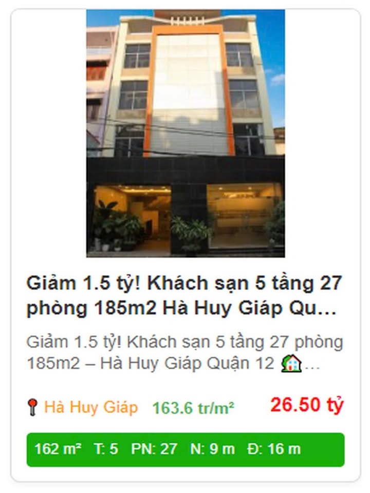 Khách sạn 5 tầng 185m² tại Hà Huy Giáp Quận 12 - Giảm giá sốc 1.5 tỷ!