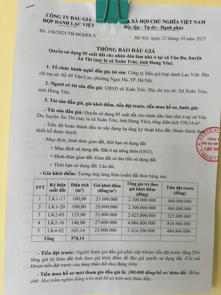 Đất nền Vân Du, Ân Thi 125m² giá chỉ 3.913 tỷ - Cơ hội đầu tư tuyệt vời!