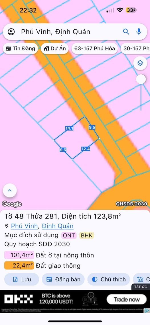 Đất nền mặt tiền đường bê tông Phú Vinh, Định Quán 133m² giá 1.25 tỷ - Sổ đỏ chính chủ!