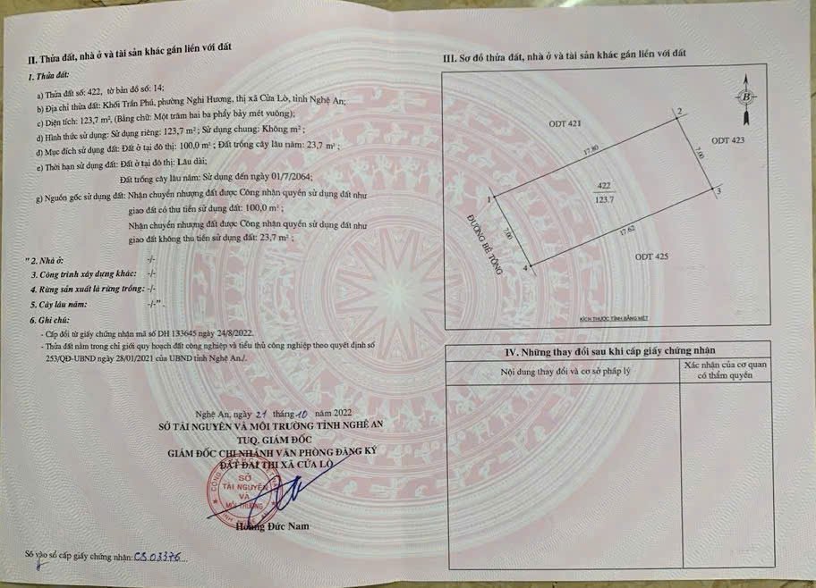 Đất nền chính chủ tại Khối Trần Phú, Nghi Hương, Cửa Lò 123.7m² - Đầu tư sinh lời lý tưởng!