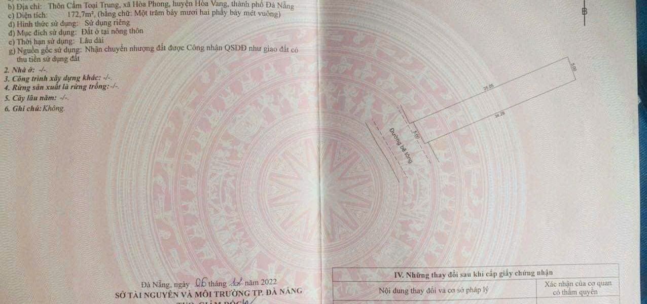 Đất ở Cẩm Toại Trung Hòa Vang 172m² giá 1 tỷ - Mặt tiền thông thoáng, dân cư đông đúc!