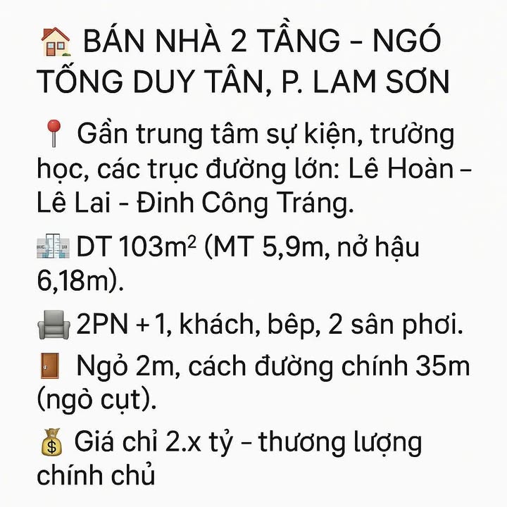 Nhà 2 tầng Tống Duy Tân, P. Lam Sơn 103m² giá 2 tỷ - Gần trung tâm tiện ích!
