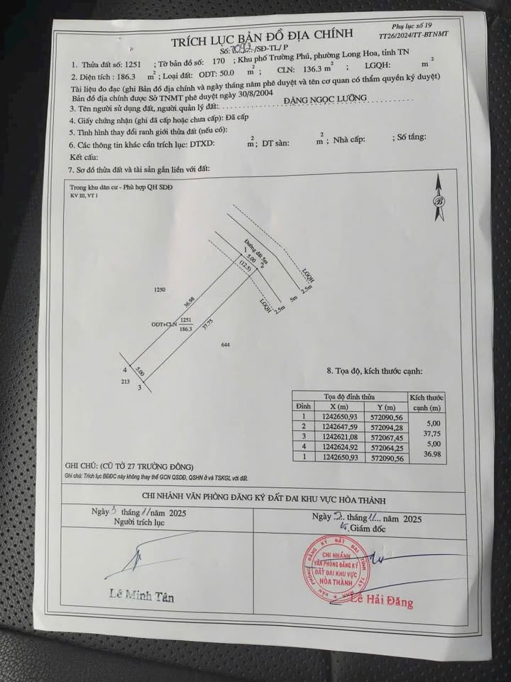 Đất nền Hòa Thành Tây Ninh 185m² giá 480 triệu - Vị trí đẹp, khu dân cư sầm uất!