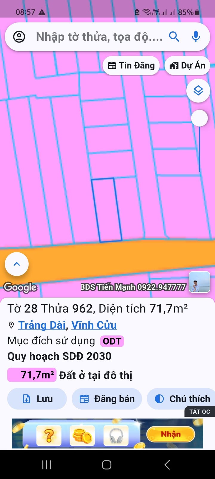 Đất thổ cư 100% KP3 Trảng Dài 72m² giá 2.59 tỷ - Vị trí đẹp, giao thông thuận lợi!