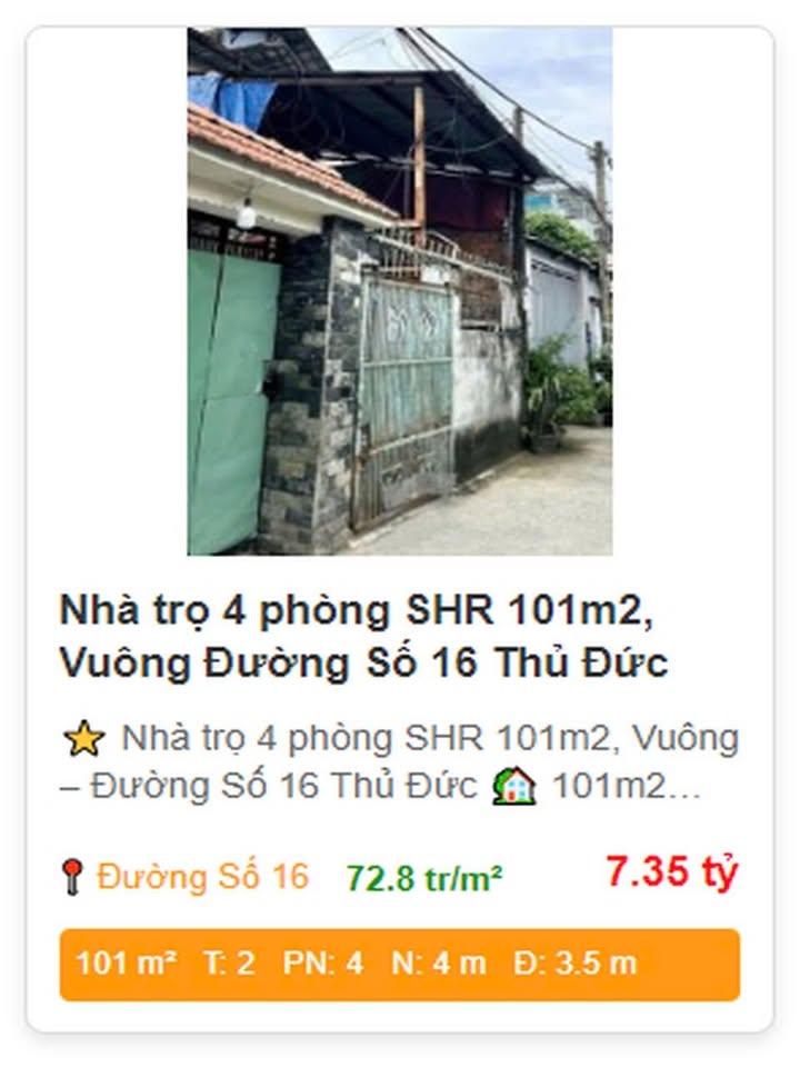 Nhà trọ 4 phòng đường Số 16, Thủ Đức 101m² - Sổ hồng chính chủ, giá thỏa thuận!