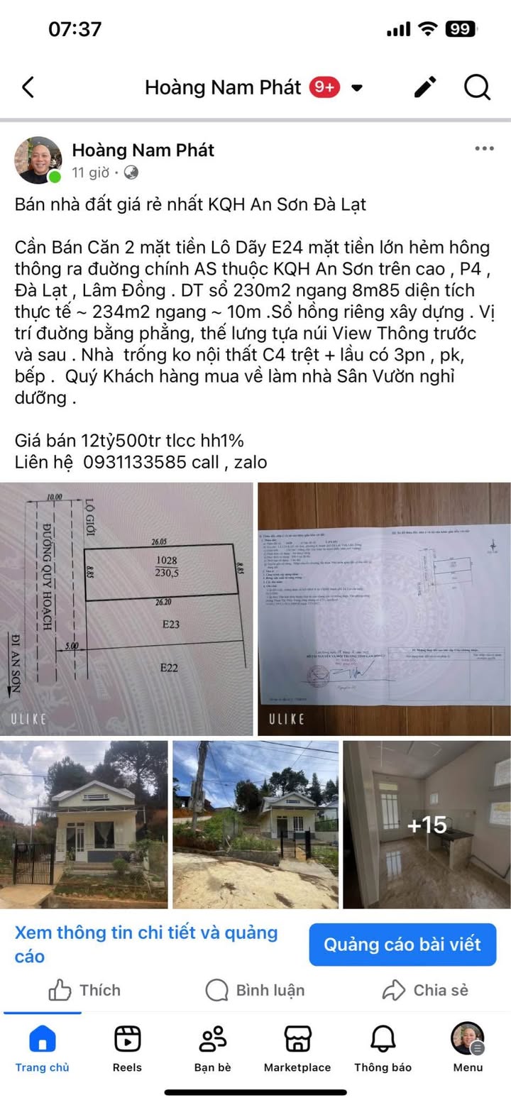 Bán nhà 2 mặt tiền KQH An Sơn Đà Lạt 234m² giá chỉ 12.5 tỷ - Sân vườn nghỉ dưỡng tuyệt đẹp!