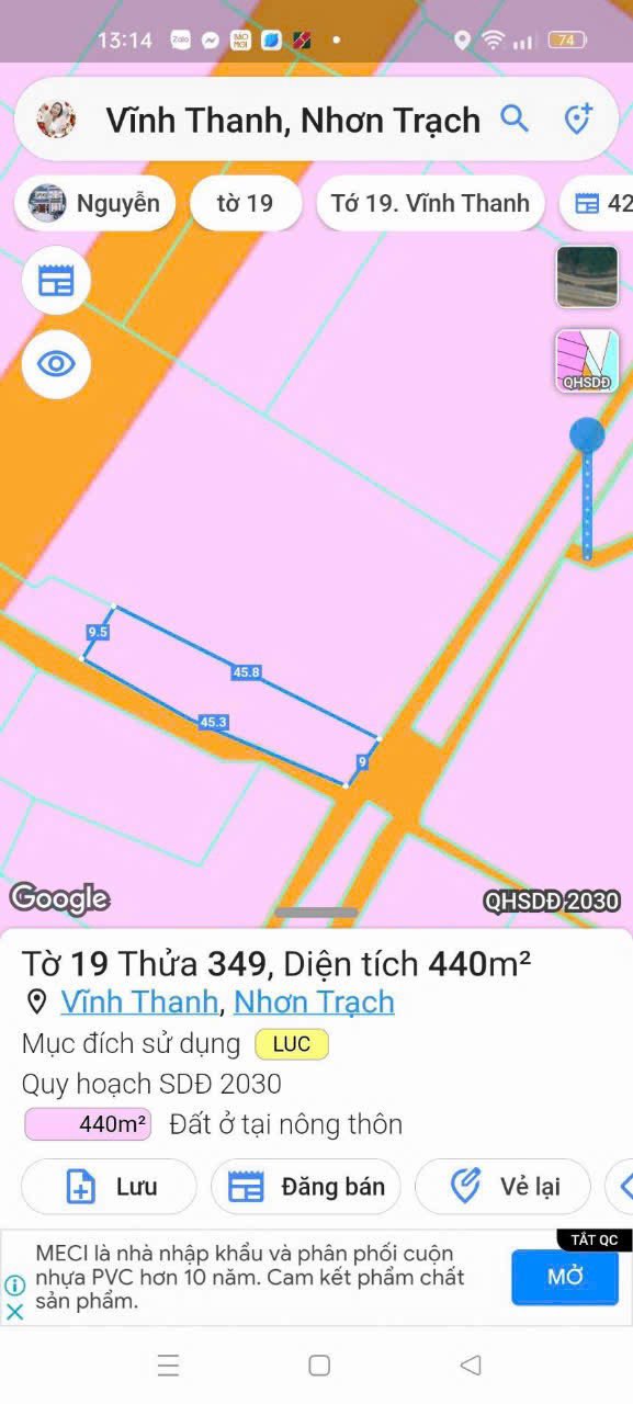 Đất thổ cư Vĩnh Thanh Nhơn Trạch 440m² giá 1.7 tỷ - Cơ hội đầu tư tuyệt vời!