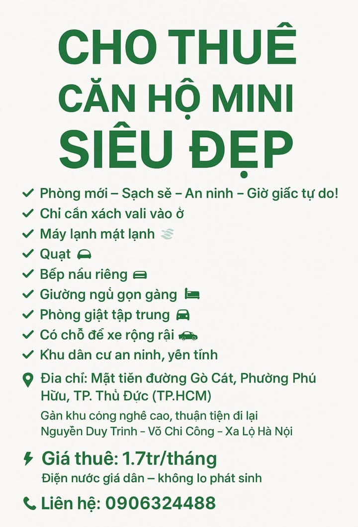 Căn hộ mini cho thuê tại Gò Cát, Phú Hữu - Giá chỉ 1,7 triệu/tháng!