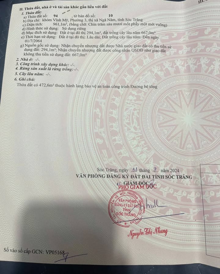 Đất thổ cư 961m² tại phường 3, Tx Ngã Năm - Khu vực tiềm năng phát triển!