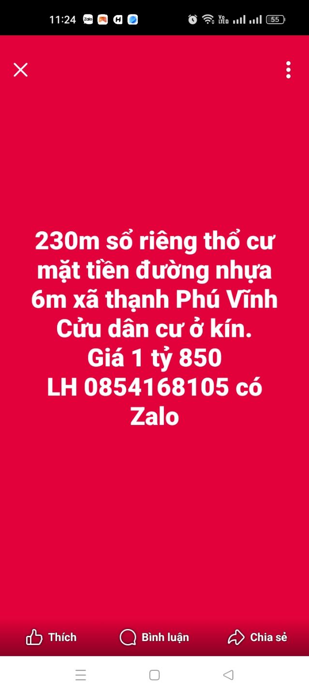 Đất thổ cư 230m² mặt tiền đường nhựa 6m xã Thạnh Phú Vĩnh Cửu - Giá 1.85 tỷ, sổ đỏ chính chủ!