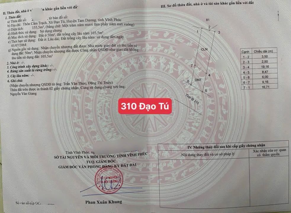 Đất nền 310 Đạo Tú Tam Dương 155m² giá 2.7 tỷ - Cơ hội đầu tư hấp dẫn!