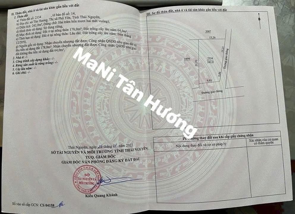 Đất lô góc 242m² tại Tân Hương, Phổ Yên - Vị trí đắc địa, thổ cư sẵn sàng!