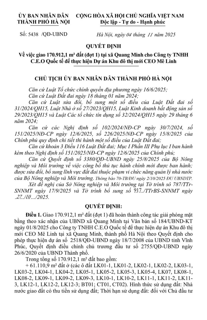 Đất dự án CEO Mê Linh 170.912,1 m² - Cơ hội đầu tư vàng!