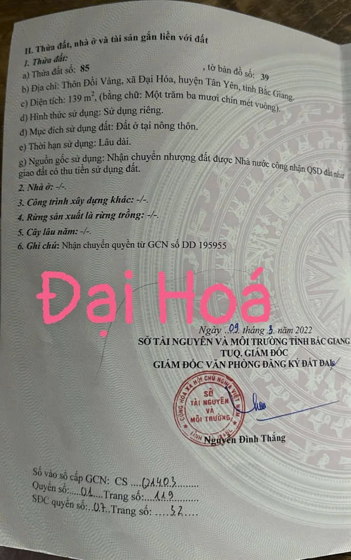 Đất nền Đại Hóa Tân Yên 139m² giá 600 triệu - Đầu tư sinh lời tiềm năng!