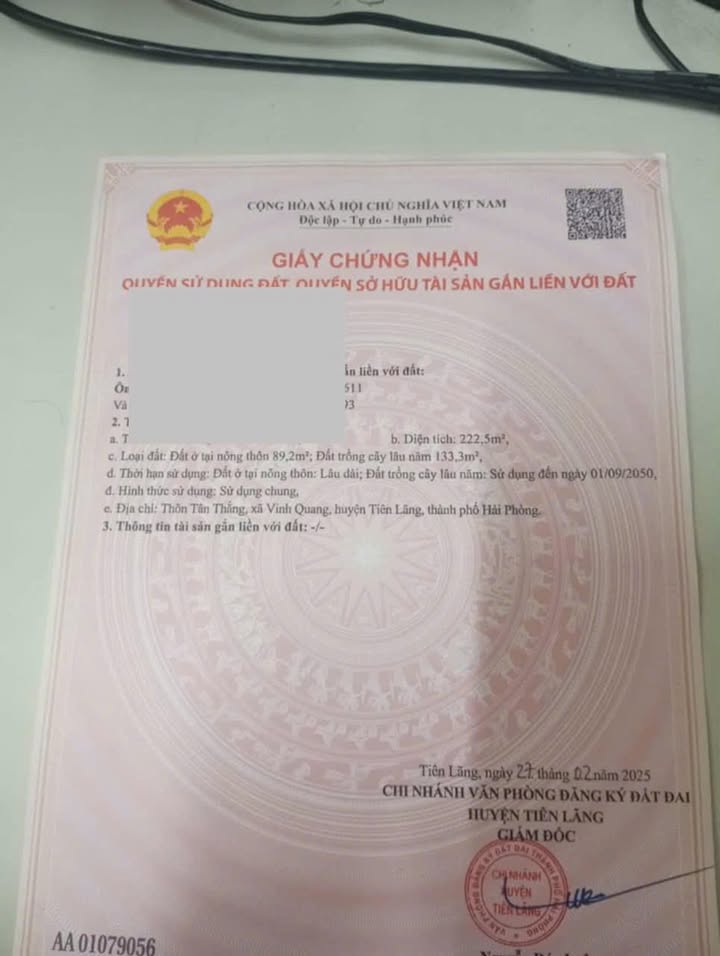 Đất thổ cư Vinh Quang Tiên Lãng 222.5m² - Đầu tư sinh lời hấp dẫn!