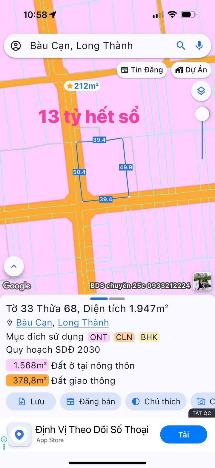Đất nền Bàu Cạn Long Thành 1947m² giá 13 tỷ - Đầu tư sinh lời ngay!