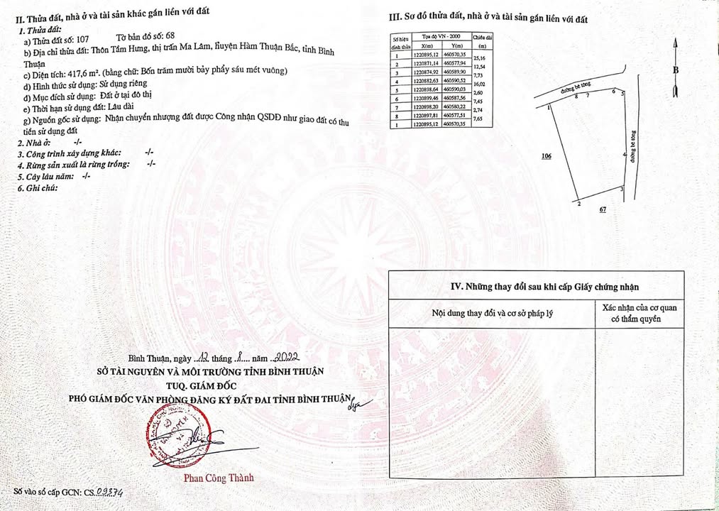 Đất thổ cư 417m² tại Thị Trấn Ma Lâm, Bình Thuận - Giá chỉ 1.8 tỷ!