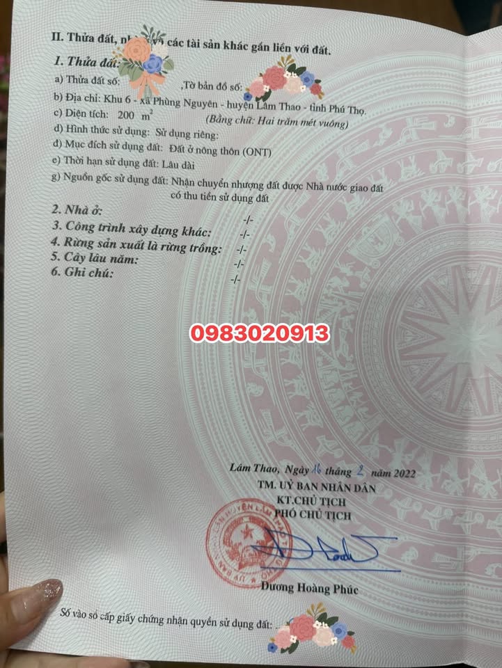 Đất thổ cư 200m² Phùng Nguyên - Lâm Thao giá chỉ 1 tỷ - Sổ đỏ chính chủ!